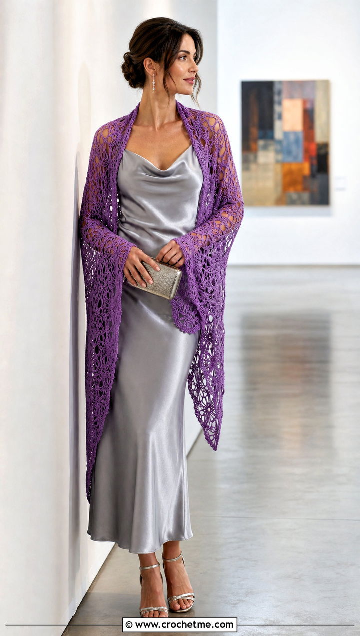 Lace Mesh Crochet Shawl With Satin Slip Dress - 30 simple crochet shawls and wraps outfit ideas