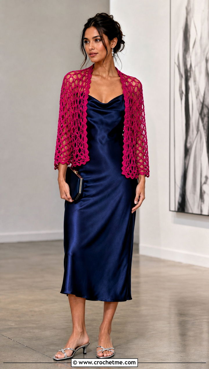 Lace Mesh Crochet Shrug Wrap With Satin Slip Dress - 35 crochet wrap with sleeves outfit ideas