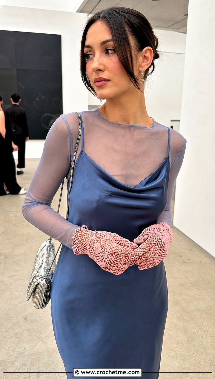 Lace Mesh Crochet Skull Gloves With Satin Slip Dress - 15 Crochet Skull Gloves outfit ideas