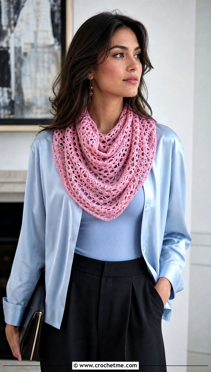 Lace Mesh Crochet Snood Cowl With Satin Blouse - 20 crochet snood cowl outfit ideas
