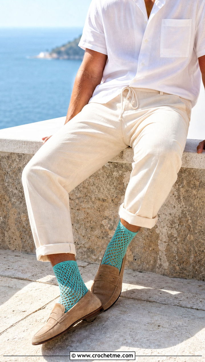 Lace Mesh Crochet Socks With Linen Shirt And Drawstring Pants - 25 men's crochet socks outfit ideas