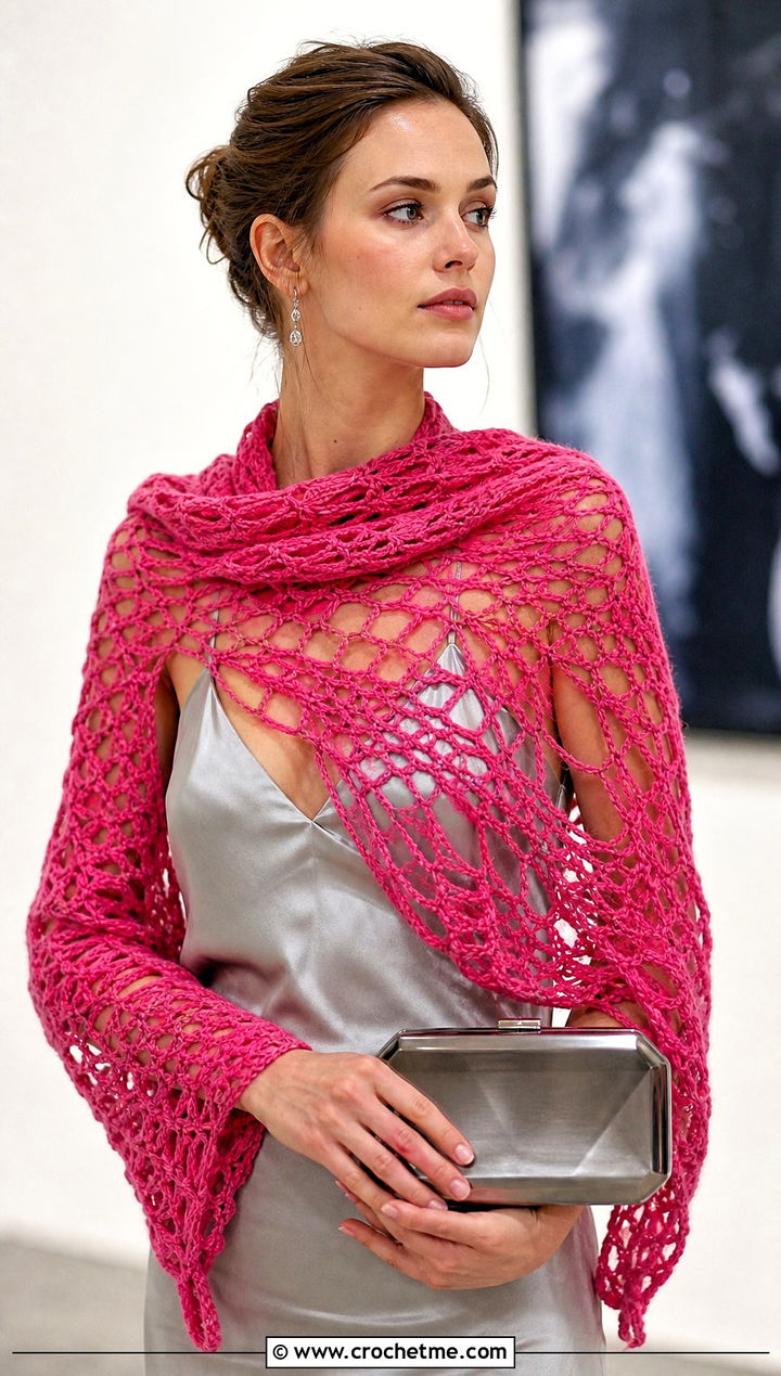 Lace Mesh Crochet Sweater Scarf Wrap With Slip Dress - 30 crochet scarf sweater wrap outfit ideas
