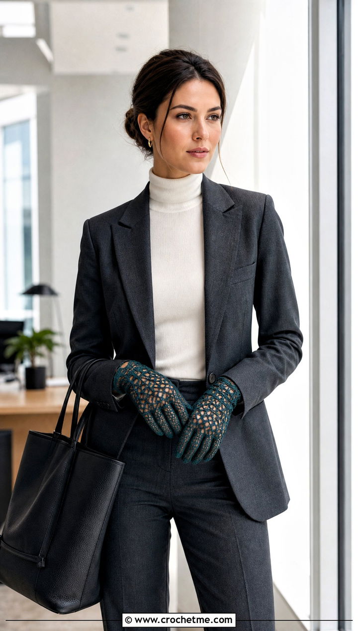 Lace Mesh Crochet Texting Gloves With Blazer - 15 Crochet Texting Gloves outfit ideas