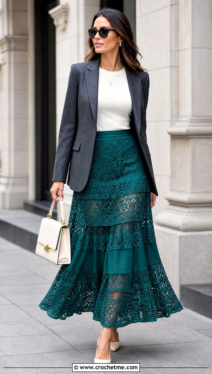 Lace Mesh Crochet Tiered Maxi Skirt With Blazer - 35 crochet tiered skirt outfit ideas