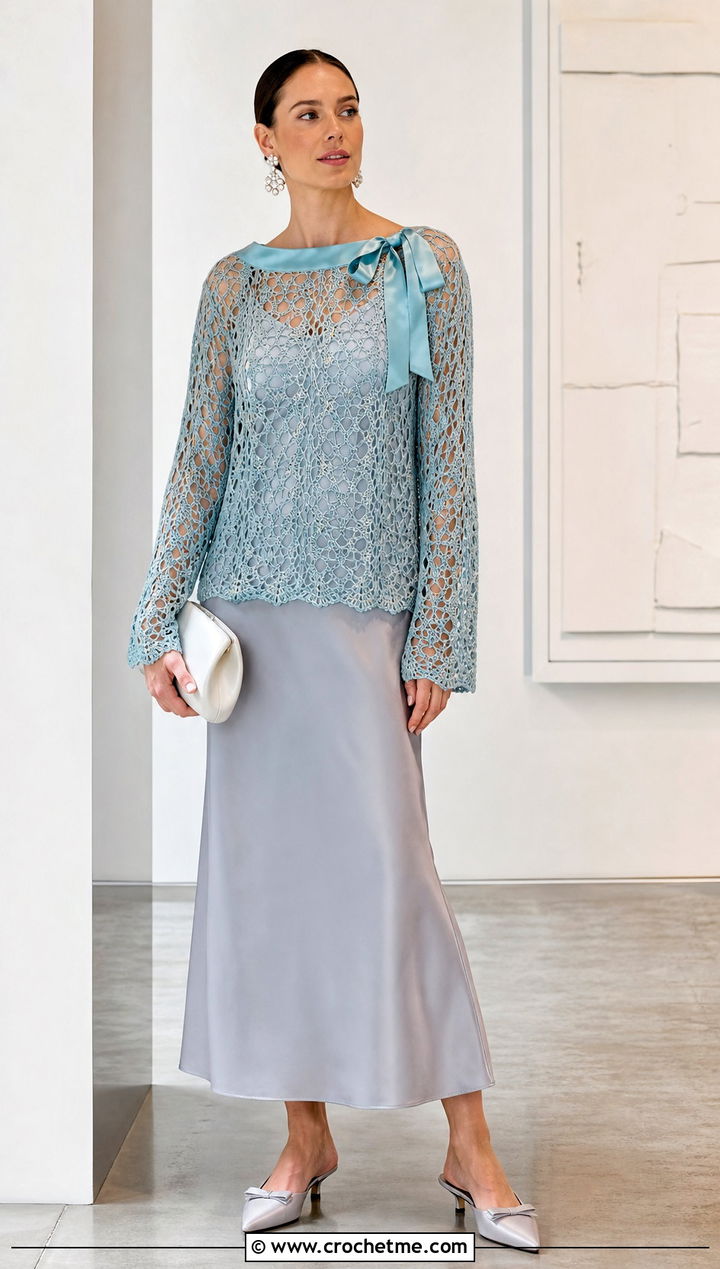 Lace Mesh Crochet Top With Satin Bow Over A Slip Dress - 15 crochet top with bow detail outfit ideas