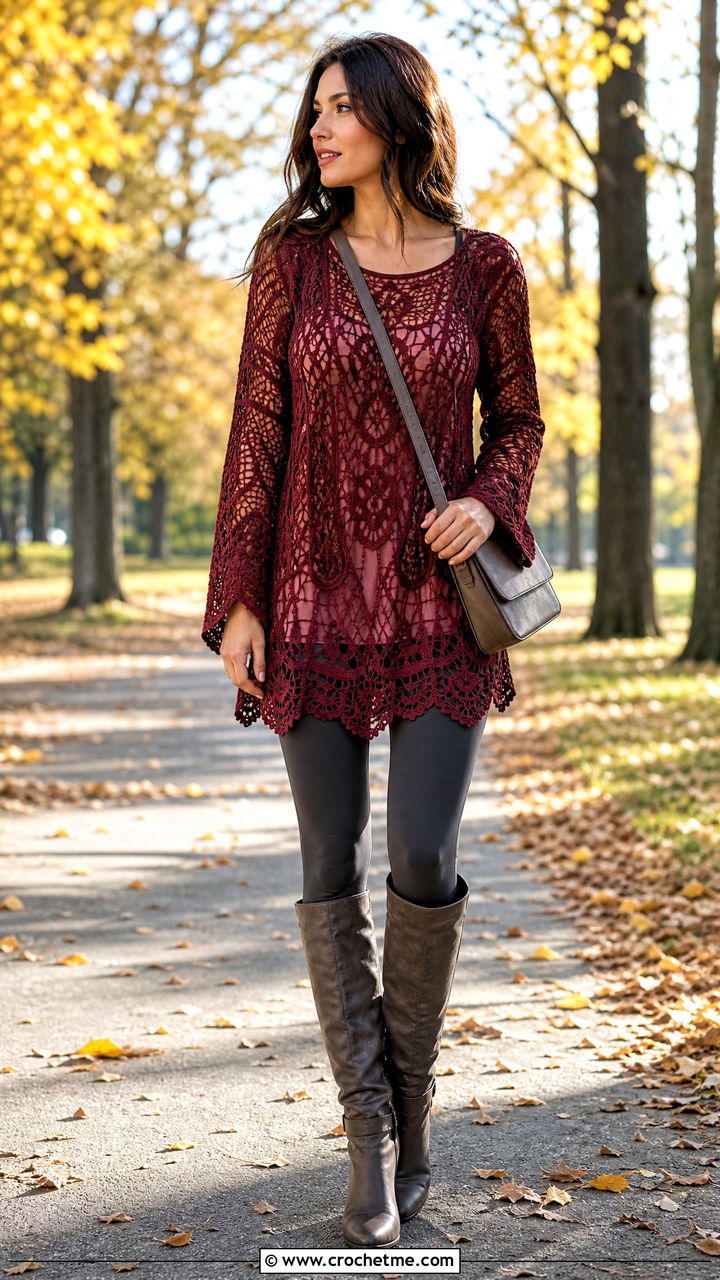 Lace Mesh Crochet Tunic With Leggings - 35 crochet mesh top outfit ideas