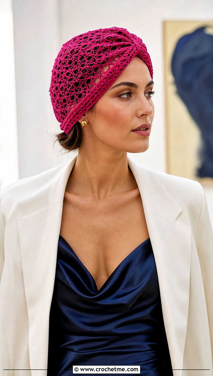 Lace Mesh Crochet Turban Hat With Slip Dress And Blazer - 35 crochet turban hat outfit ideas