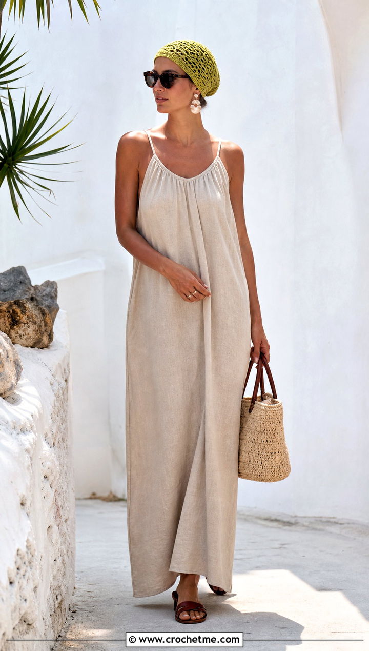 Lace Mesh Crochet Turban With Linen Maxi Dress - 35 crochet turban outfit ideas