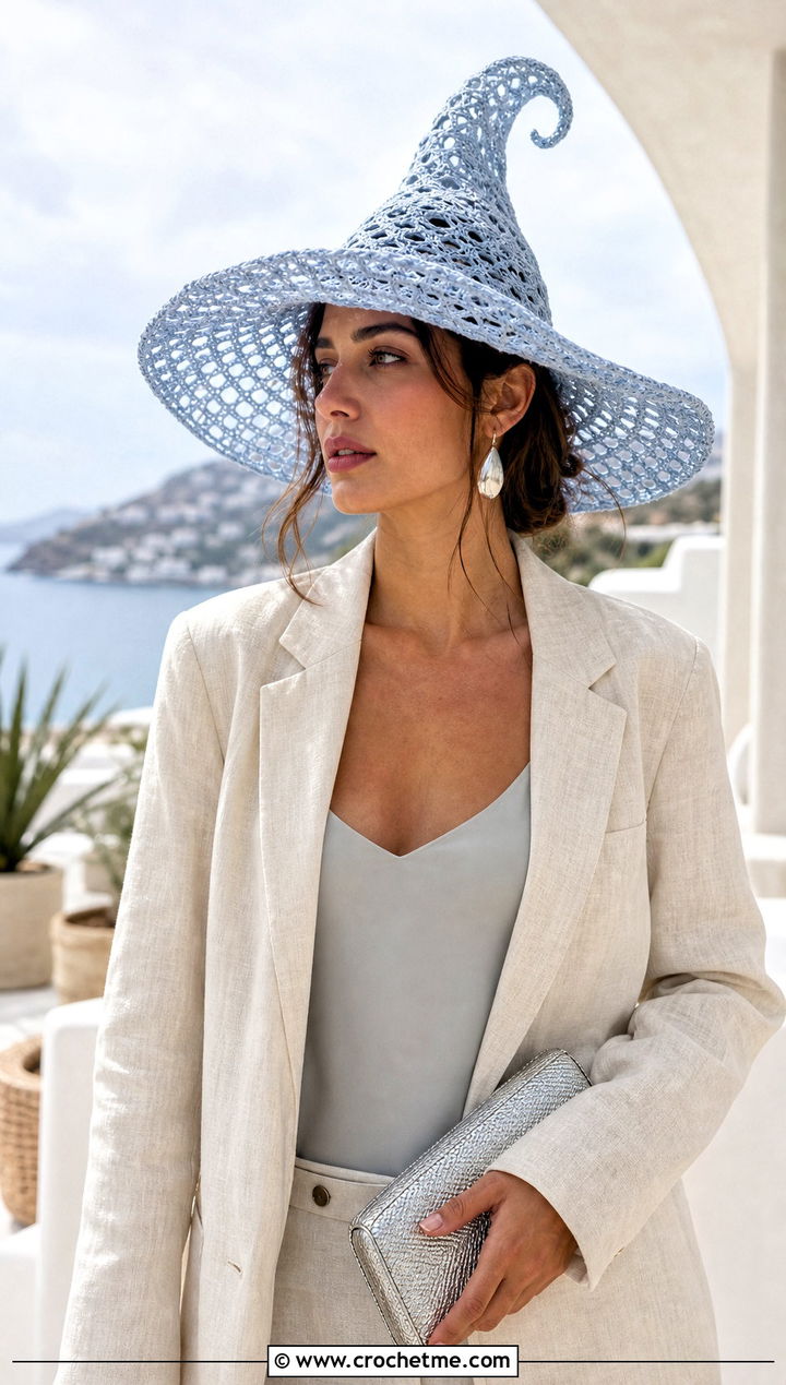 Lace Mesh Crochet Twisted Witch Hat With Linen Suit - 25 crochet twisted witch hat outfit ideas