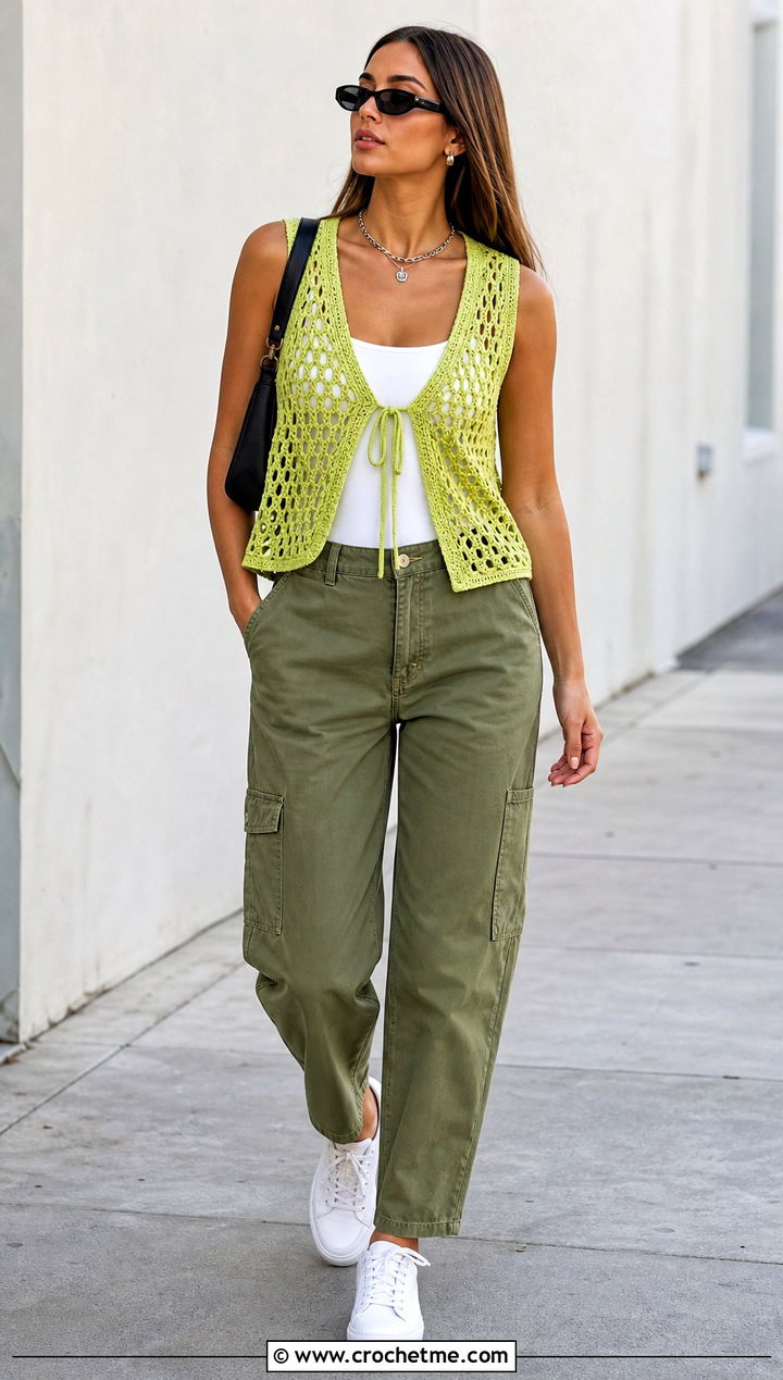 Lace Mesh Crochet Vest With Cargo Pants - 20 Crocheted Vests For Women outfit ideas