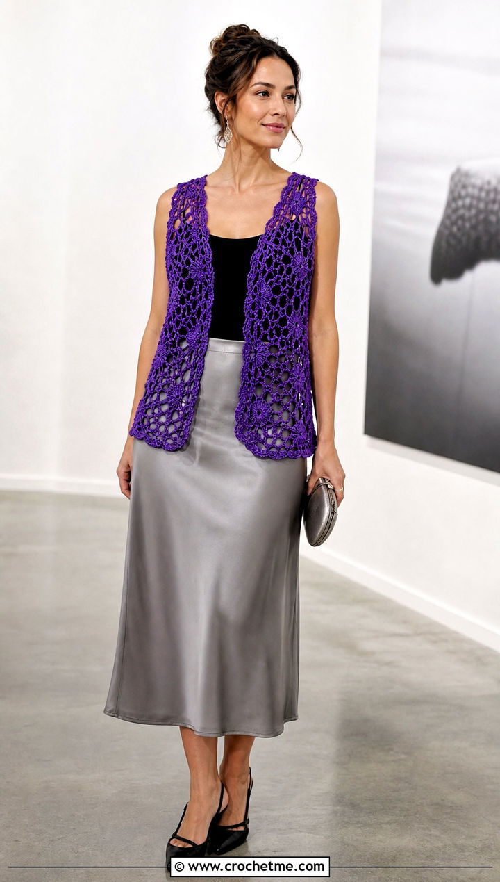 Lace Mesh Crochet Vest With a Satin Midi Skirt - 35 crochet vests outfit ideas