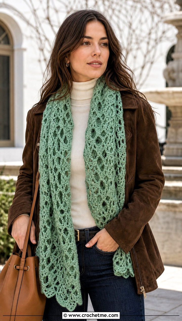 Lace Mesh Crochet Winter Scarf With Suede Jacket - 35 crochet winter scarf outfit ideas