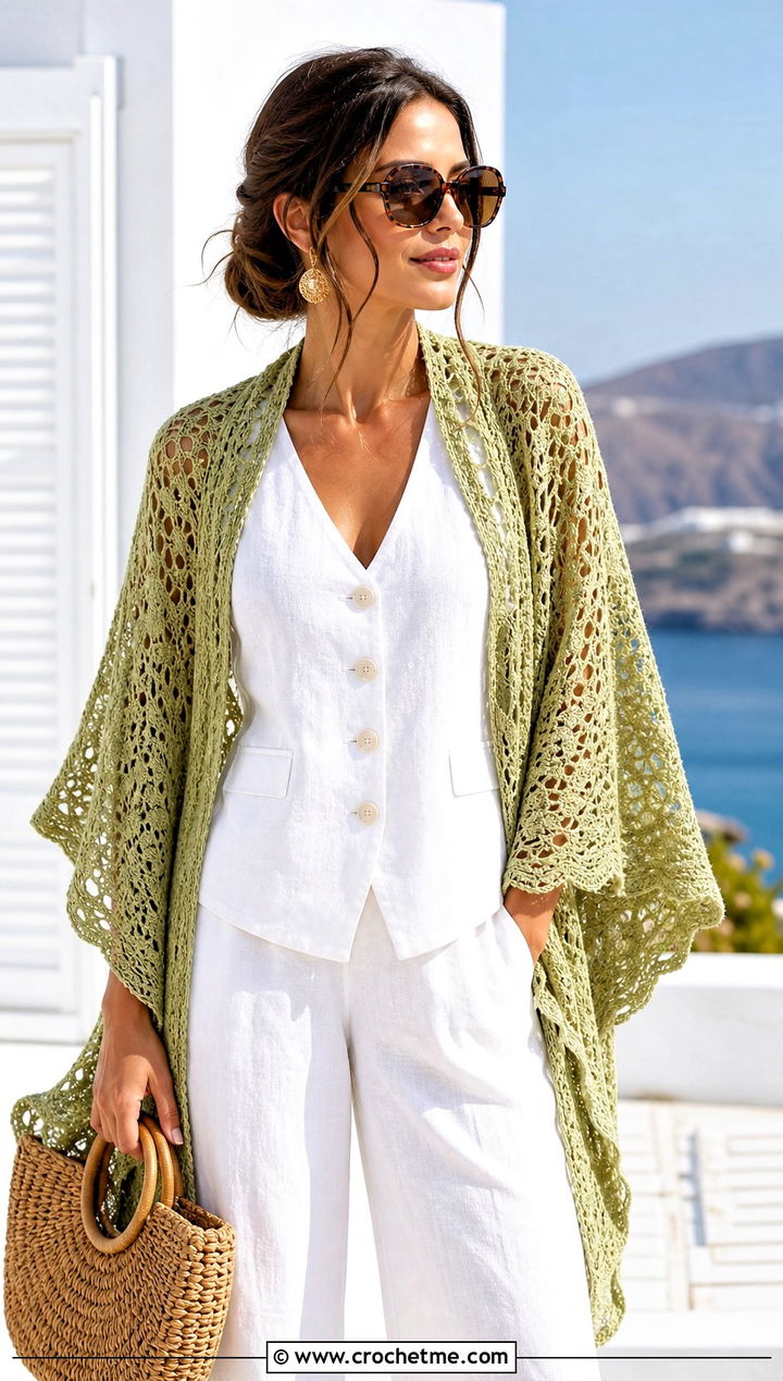 Lace Mesh Crochet Wrap With Linen Set - 20 Crochet For Shawls And Wraps outfit ideas