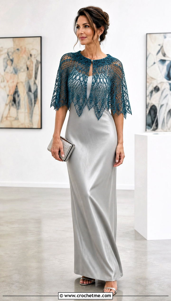 Lace Mesh Crocheted Capelet With Satin Slip Dress - 25 Crocheted Capelet outfit ideas