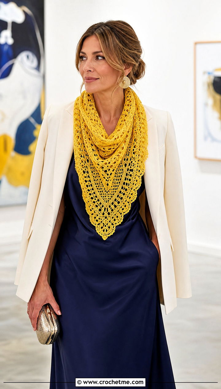 Lace Mesh Crocheted Cowl With Satin Dress And Blazer - 25 Crocheted Cowl outfit ideas
