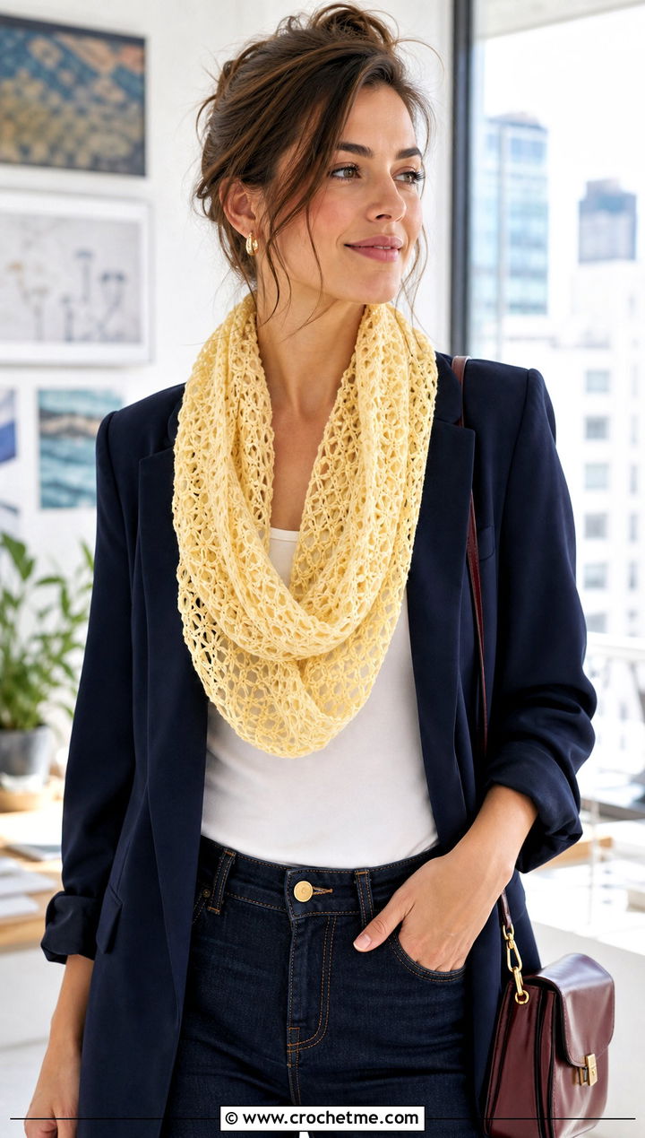 Lace Mesh Crocheted Infinity Scarf With Blazer And Jeans - 25 Crocheted Infinity Scarf outfit ideas
