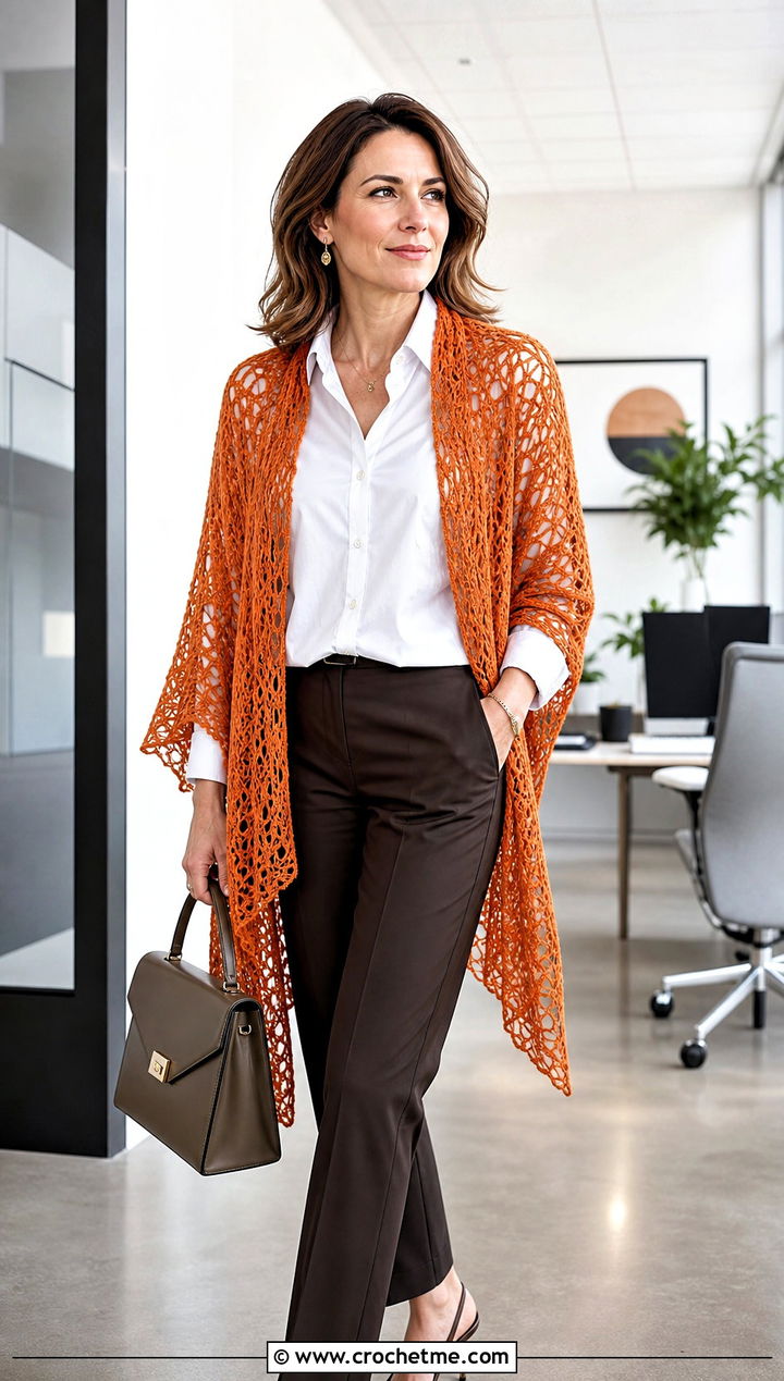 Lace Mesh Crocheted Shawl With A White Shirt And Trousers - 20 Crocheted Shawl outfit ideas