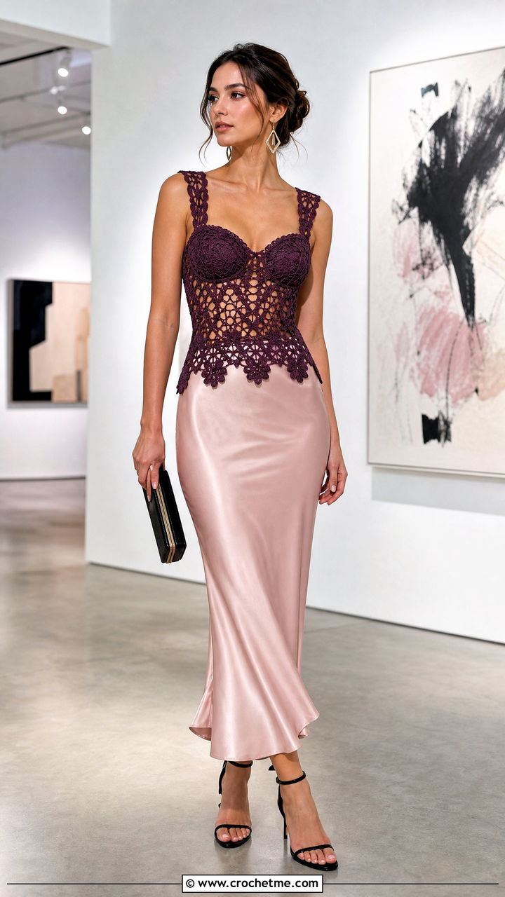 Lace Mesh Cup Crochet Top With Slip Skirt - 35 crochet cups top outfit ideas