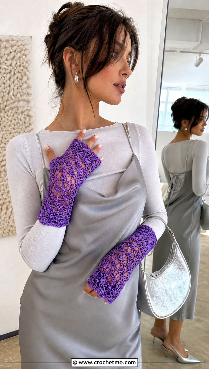 Lace Mesh Fingerless Gloves With Satin Slip Dress - 25 Crochet For Fingerless Gloves outfit ideas