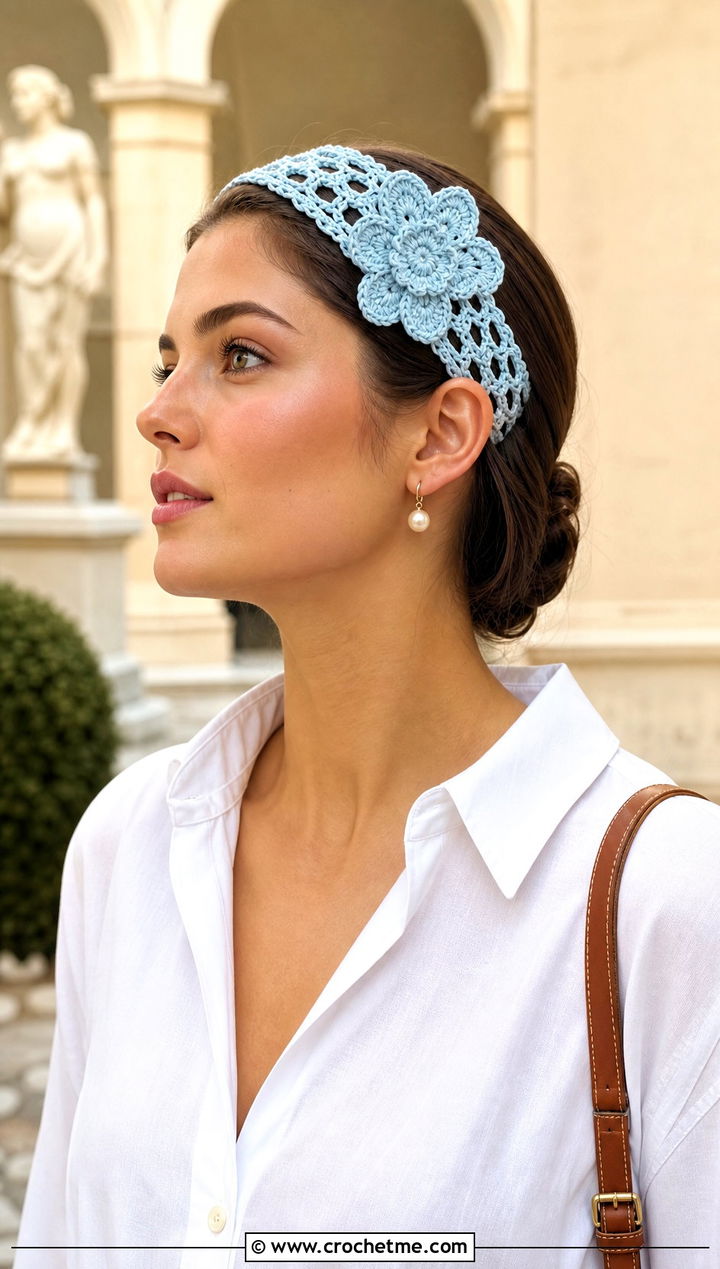 Lace Mesh Flower Crochet Headband With Shirt Dress - 15 crochet headband with flower decoration outfit ideas