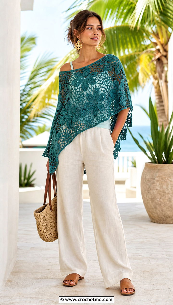 Lace Mesh Flower Poncho With Linen Trousers - 25 Crochet Flower Poncho outfit ideas