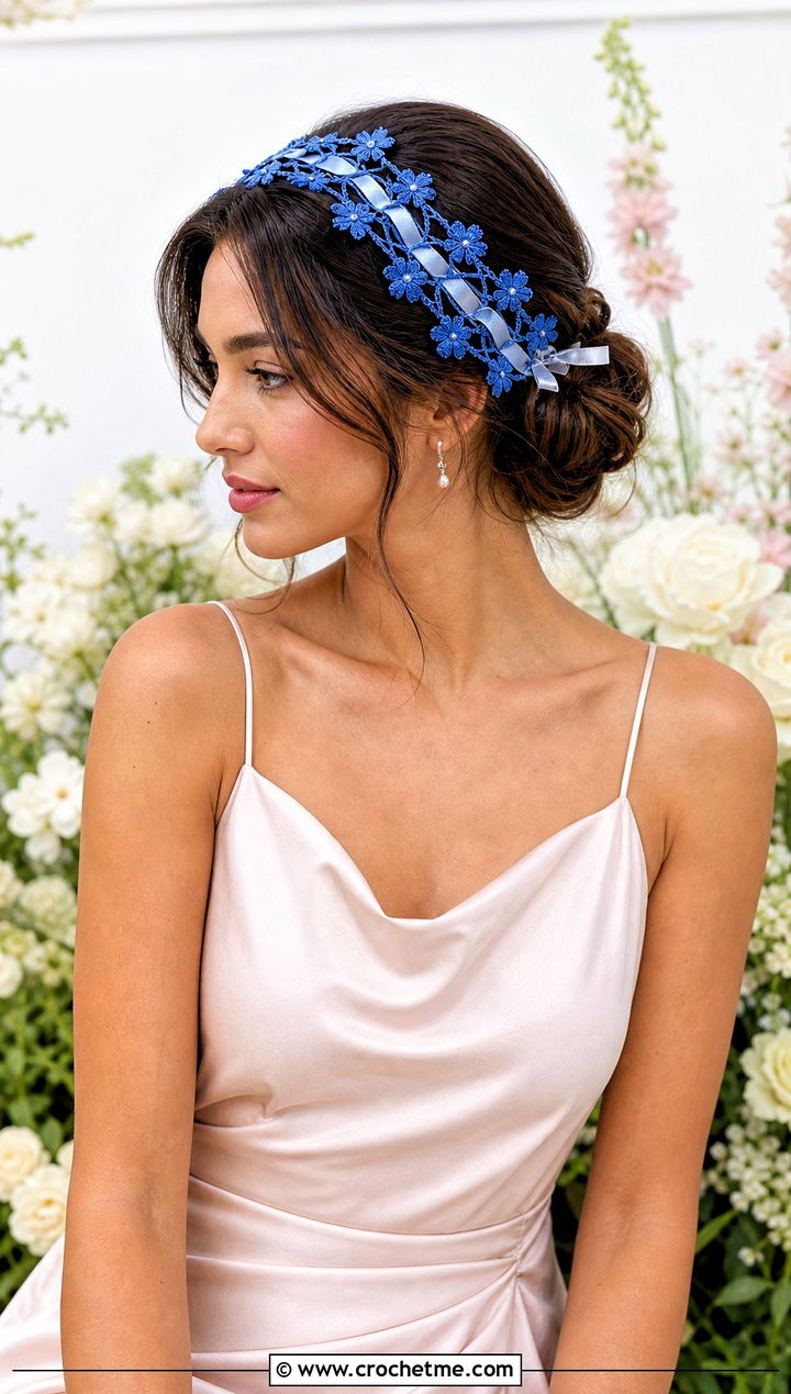 Lace Mesh Flower Ribbon Crochet Headband With Satin Dress - 15 crochet headband with flower and ribbon outfit ideas