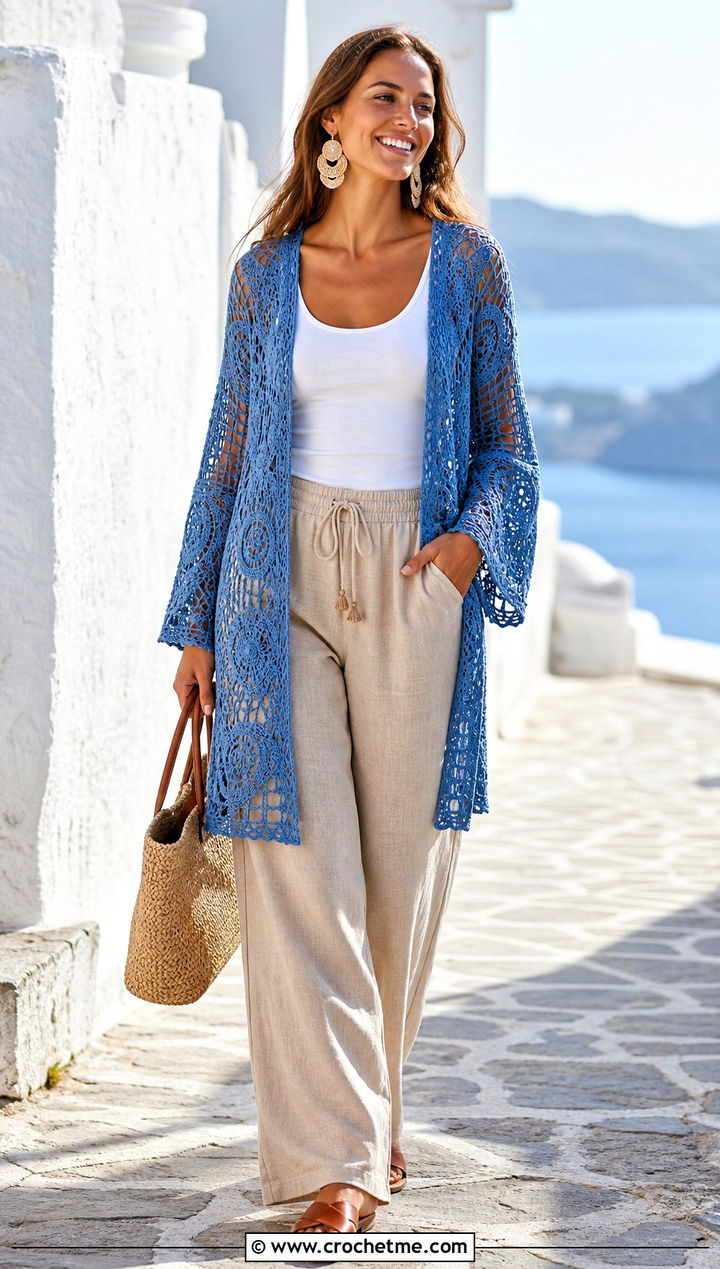 Lace Mesh Folklore Crochet Cardigan With Linen Pants - 30 folklore crochet cardigan outfit ideas