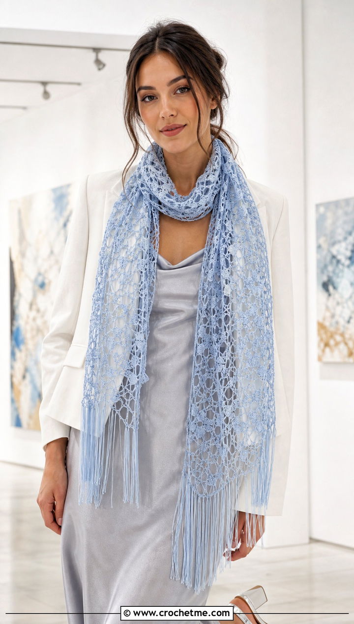 Lace Mesh Fringe Scarf With Satin Slip Dress - 25 Crochet Scarf Fringe Ideas