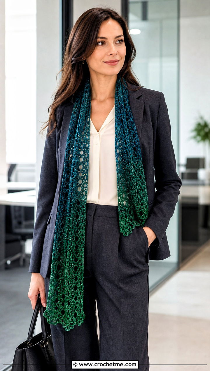 Lace Mesh Gradient Crochet Scarf With Tailored Suit - 25 gradient crochet scarf outfit ideas