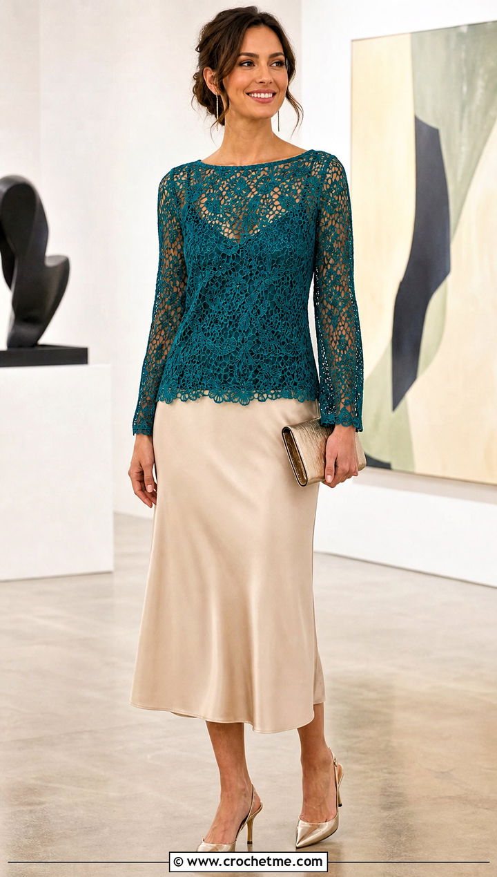 Lace Mesh Green Crochet Blouse With Satin Midi Skirt - 15 green crochet blouse design outfit ideas