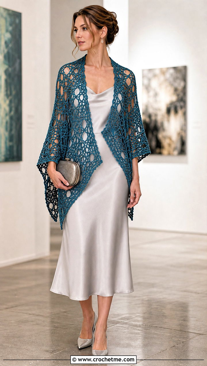Lace Mesh Hexagon Shawl With Satin Dress - 20 Crochet Hexagon Shawl outfit ideas