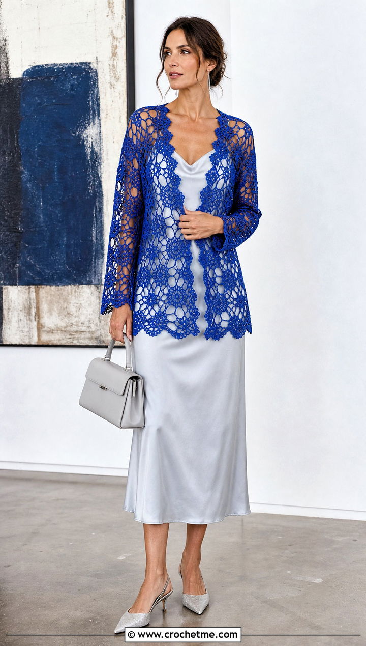 Lace Mesh Hexi Cardigan With Slip Dress - 35 crochet hexi cardigan outfit ideas