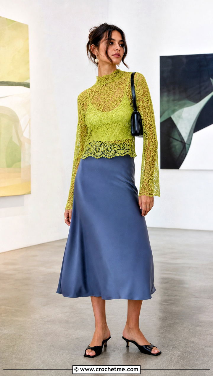Lace Mesh High Neck Crochet Top With Slip Skirt - 35 high neck crochet top outfit ideas