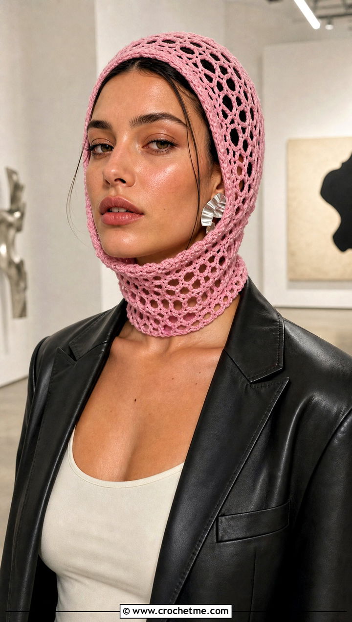 Lace Mesh Hooded Balaclava With Leather Blazer - 30 hooded crochet balaclava outfit ideas