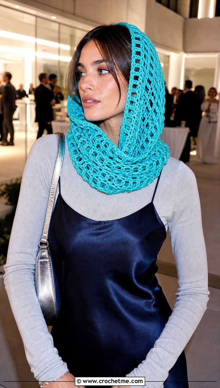Lace Mesh Hooded Crochet Cowl Snood With Satin Slip Dress - 25 hooded crochet cowl snood outfit ideas