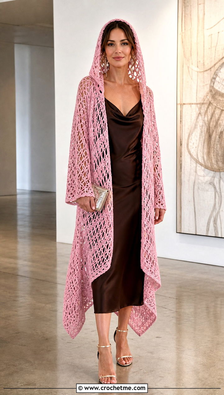 Lace Mesh Hooded Crochet Ruana With Satin Slip Dress - 20 Hooded Crochet Ruana outfit ideas