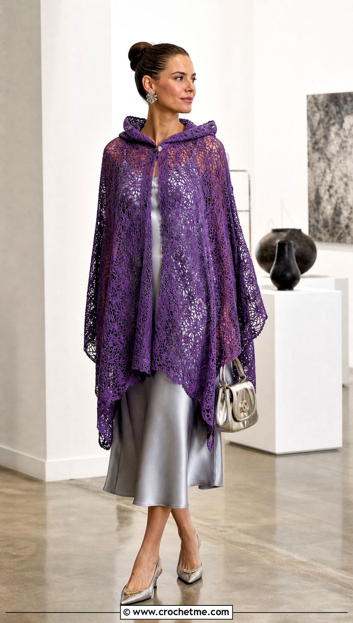 Lace Mesh Hooded Poncho With Satin Slip Dress - 35 Crochet Hooded Poncho outfit ideas