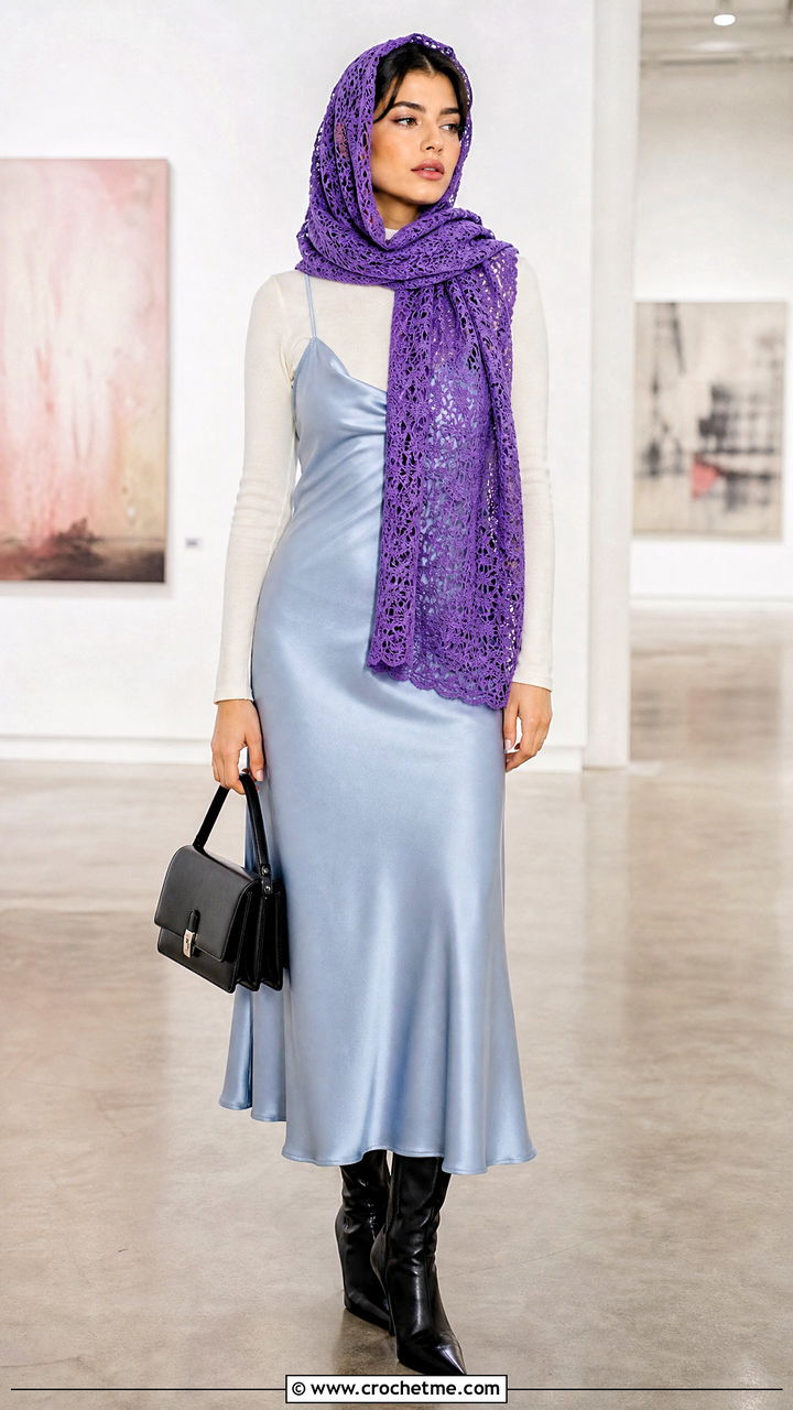 Lace Mesh Hooded Scarf With Satin Slip Dress - 35 crochet hooded scarf outfit ideas