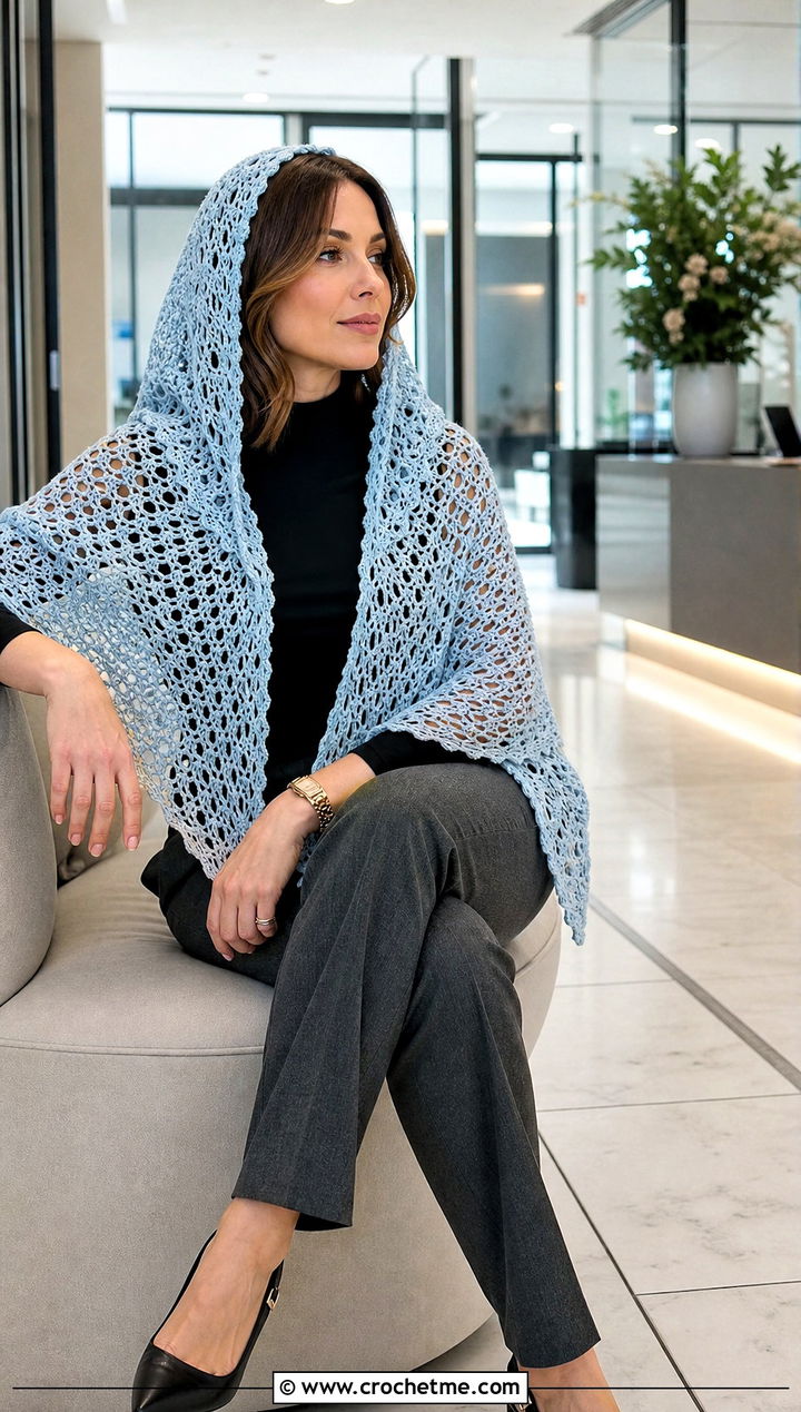 Lace Mesh Hooded Triangle Crochet Shawl With Tailored Trousers - 25 Hooded Triangle Crochet Shawl outfit ideas