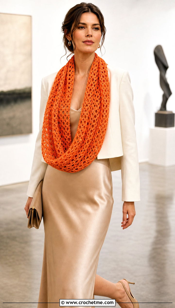 Lace Mesh Infinity Crochet Scarf With Satin Slip Dress - 15 Infinity Crochet Scarf outfit ideas