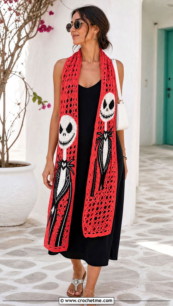Lace Mesh Jack Skellington Crochet Scarf With Slip Dress - 20 Crochet Jack Skellington Scarf outfit ideas