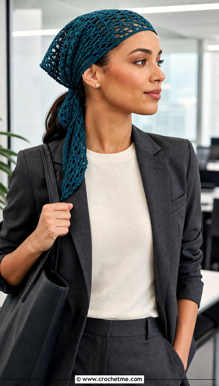 Lace Mesh Kerchief Hair Wrap With Blazer And Trousers - 30 crochet hair wraps outfit ideas