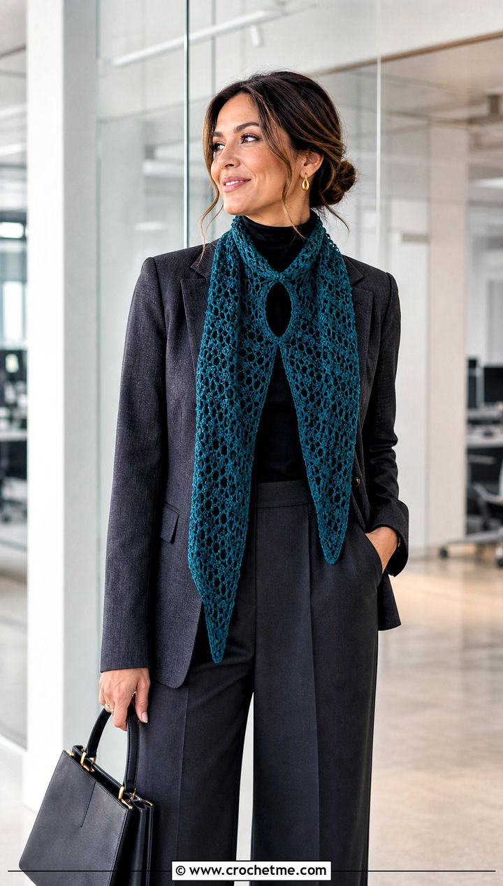 Lace Mesh Keyhole Crochet Scarf With Blazer - 25 Keyhole Crochet Scarf outfit ideas
