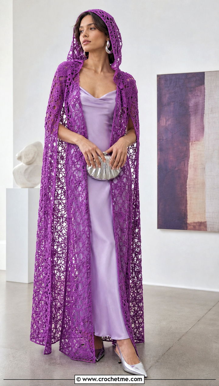 Lace Mesh Long Hooded Crochet Cape With Slip Dress - 25 Long Hooded Crochet Cape outfit ideas