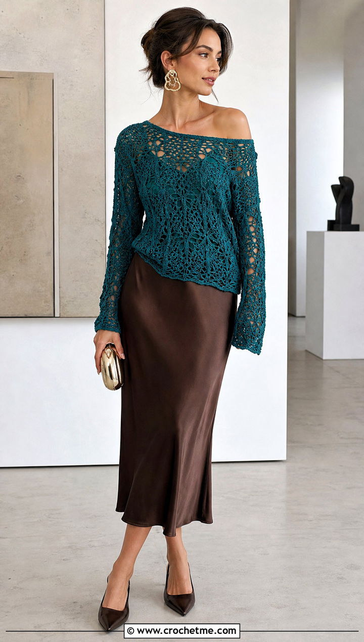 Lace Mesh Off The Shoulder Crochet Sweater With Satin Skirt - 30 off the shoulder crochet sweater outfit ideas