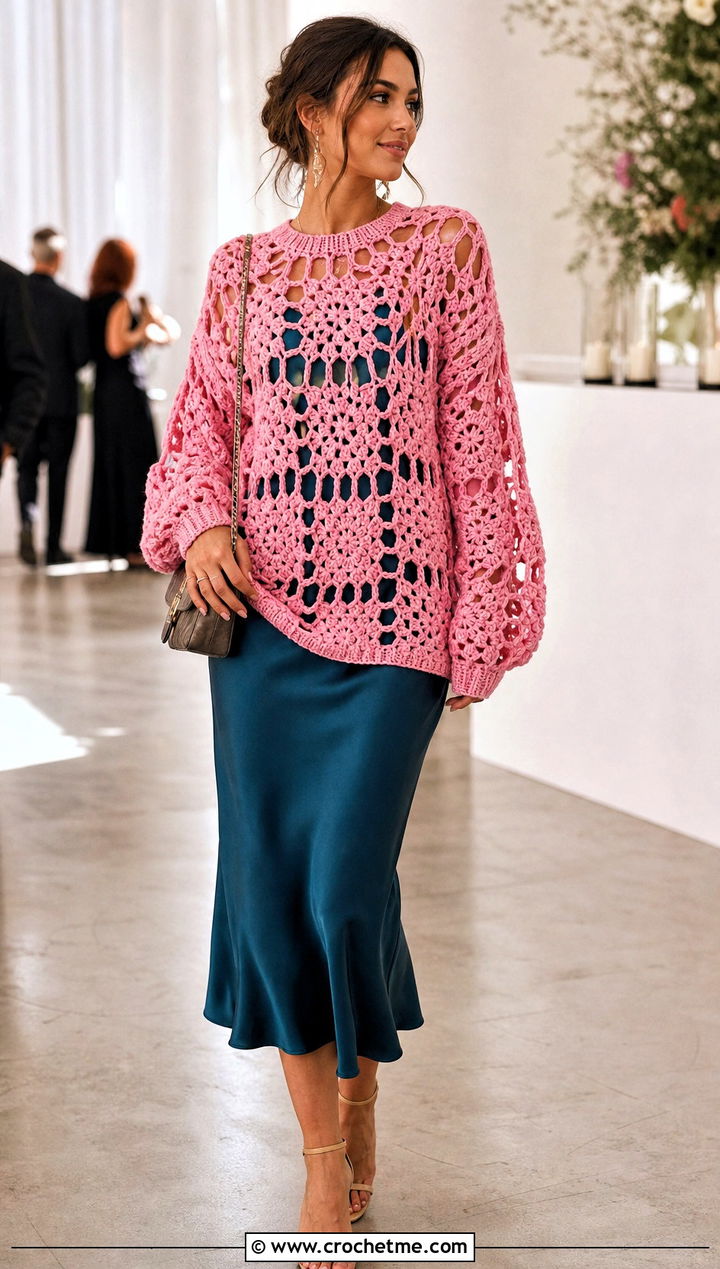Lace Mesh Oversized Granny Square Sweater With Satin Dress - 30 oversized granny square sweater outfit ideas
