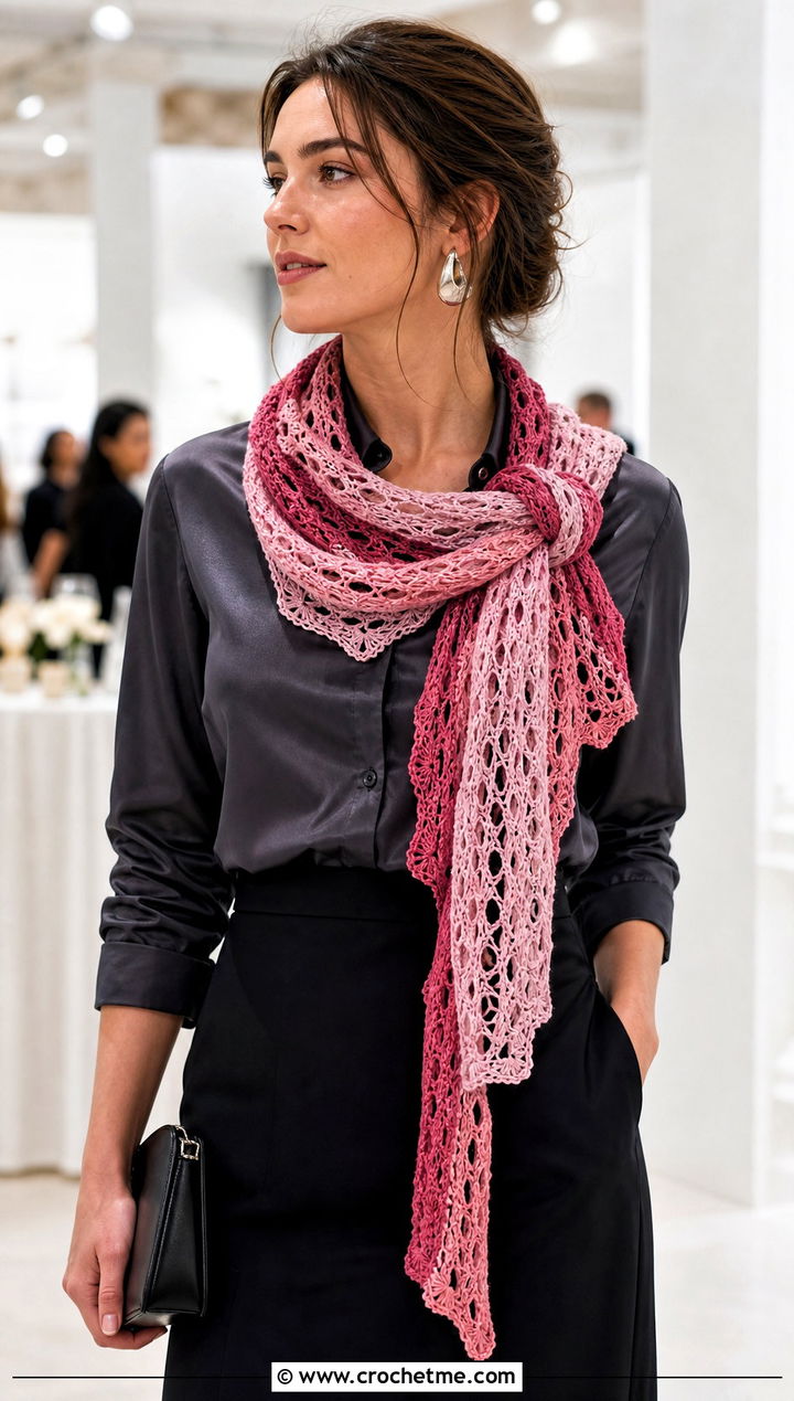 Lace Mesh Patchwork Crochet Scarf With Satin Blouse and Tailored Skirt - 15 Patchwork Crochet Scarf outfit ideas