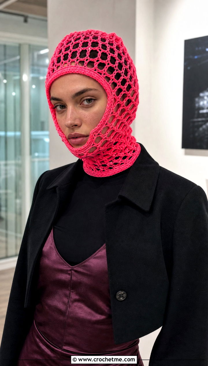 Lace Mesh Pink Crochet Balaclava With Satin Slip Dress - 25 Pink Crochet Balaclava outfit ideas