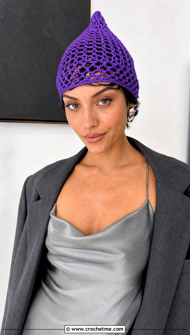 Lace Mesh Pixie Crochet Hat With Satin Slip Dress And Blazer - 25 pointy crochet hat outfit ideas