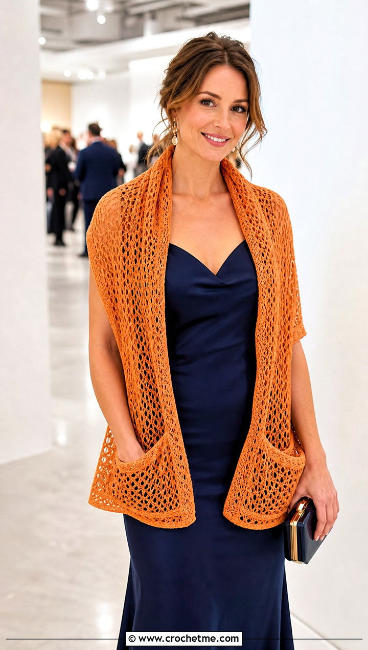 Lace Mesh Pocket Scarf With Slip Dress - 25 crochet pocket scarves outfit ideas
